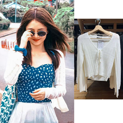 BM Tan Songyun's same style seaside lace-up knitted cardigan BM Versatile V-neck cutout cardigan top Thin sweater ins