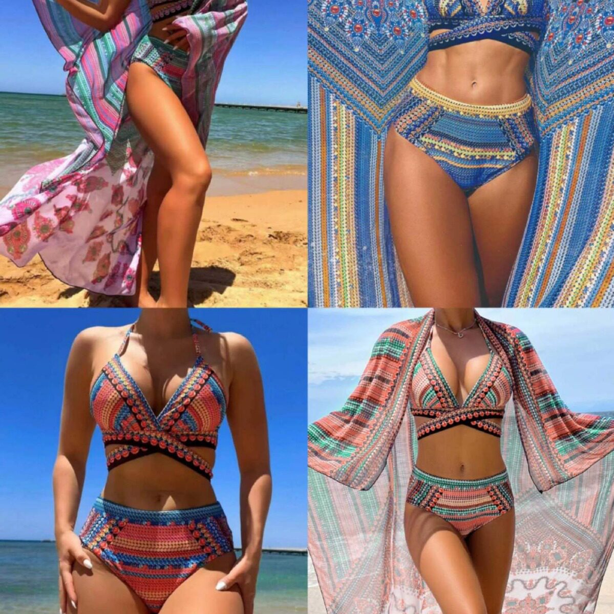 2024 new three sets of swimwear beach spinning European and American foreign trade bikini cross-strap swimsuit with high waist dresses-Taobao