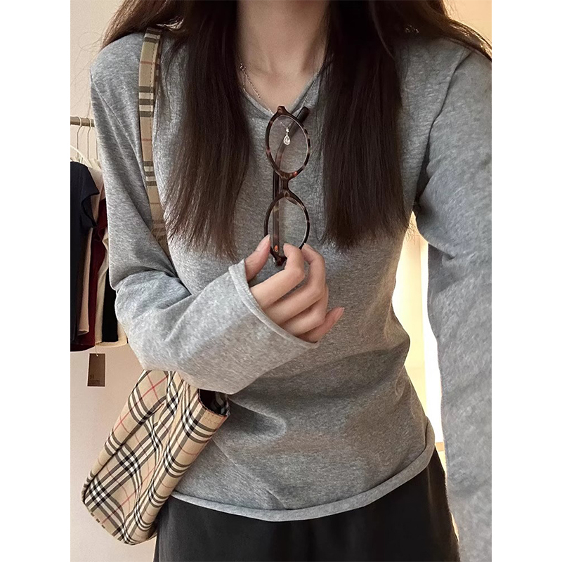 Korean-Style Niche Rolled-Edge Design Relaxed Long-Sleeve T-Shirt for Women, Autumn Thin Slim-Fit New Base Layer Top