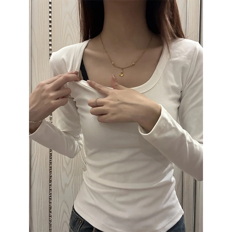 White Pure Cotton Basic Undershirt for Women, Autumn and Winter Slim Fit, Regular Shoulder, Slimming U-Neck Long-Sleeve T-Shirt, Versatile Top White Pure Cotton Basic Undershirt for Women, Autumn and Winter Slim Fit, Regular Shoulder, Slimming U-Neck Long-Sleeve T-Shirt, Versatile Top