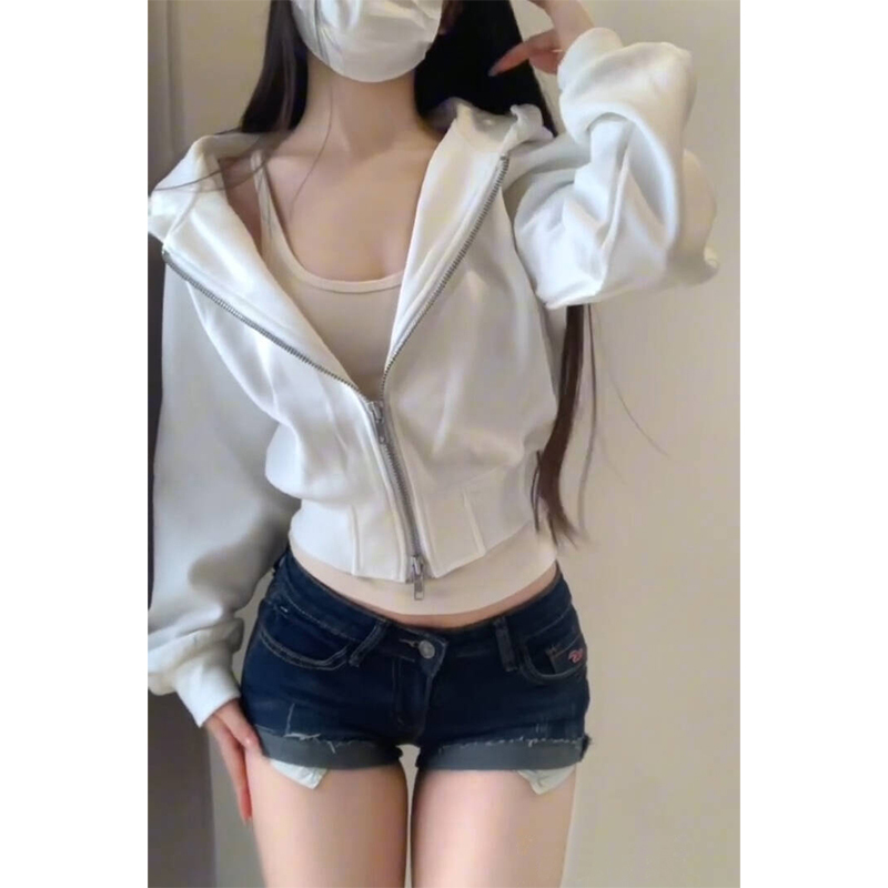 American-Style Spicy Girl Short White Cardigan Sweatshirt for Women, Spring and Autumn, Double Zipper Design, Pure Desire Style, Waist-Cinching Hooded Jacket