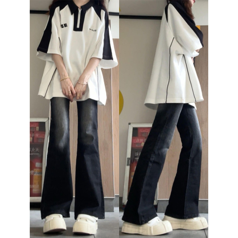 American Retro Contrasting Color Polo Collar Short-Sleeved T-Shirt for Women in Summer, Trendy Brand Oversize Loose Half-Sleeved Top for Couples
