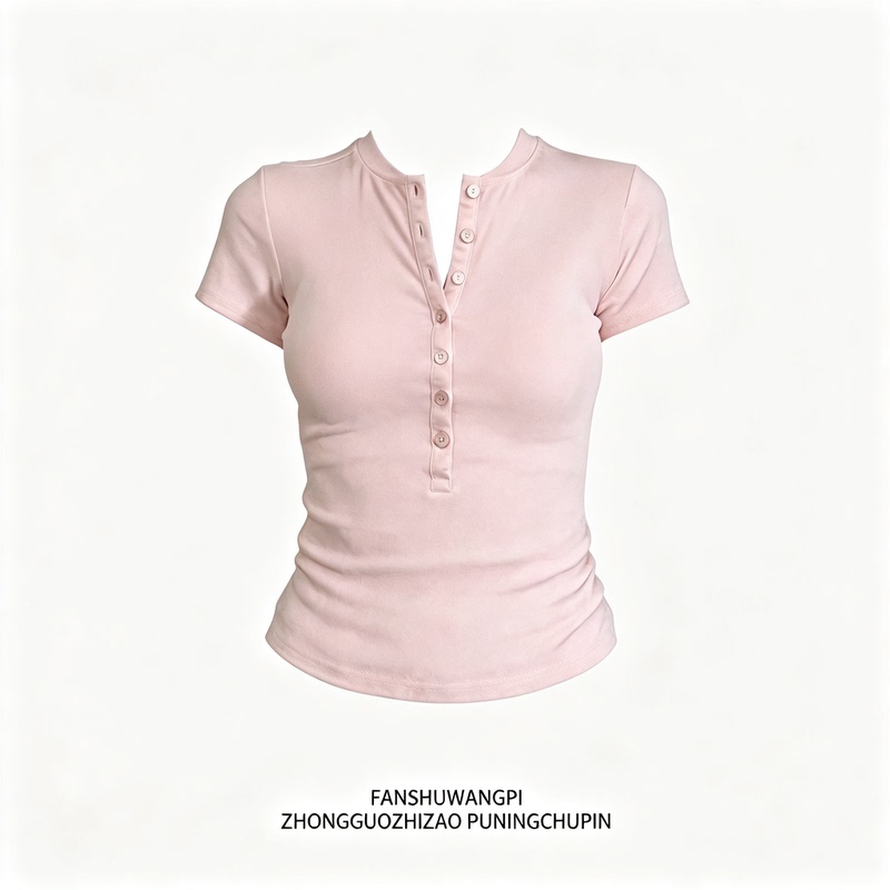 Pink Spicy Girl Henry Collar Button-Down Short-Sleeve T-Shirt for Women 2026 Summer Slim Fit Waist-Cinching Regular Shoulder Short Top