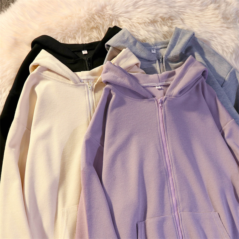 Salt-Style Jacket for Women, Sun Protection Air-Conditioning Shirt, Thin Waffle Cardigan, Loose Hooded Sweatshirt, Trendy ins Lazy Style Bf