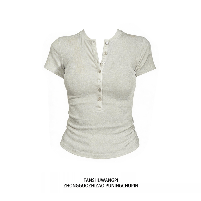 American-Style Button-Down V-Neck Slim-Fit Short-Sleeve T-Shirt for Women, 2026 Summer Henry Collar Trendy Short Top with Regular Shoulders