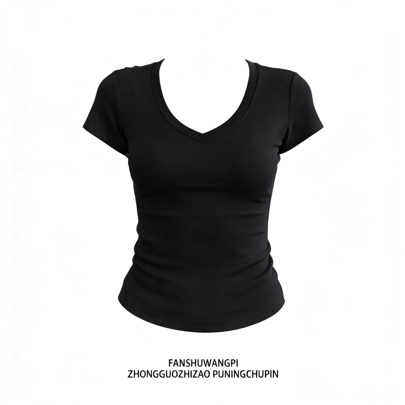 Basic Black Slim-Fit V-Neck Short-Sleeve T-Shirt for Women, 2026 Summer American Style, Tight-Fitting, Slimming, Trendy Shoulder-Baring Top Basic Black Slim-Fit V-Neck Short-Sleeve T-Shirt for Women, 2026 Summer American Style, Tight-Fitting, Slimming, Trendy Shoulder-Baring Top