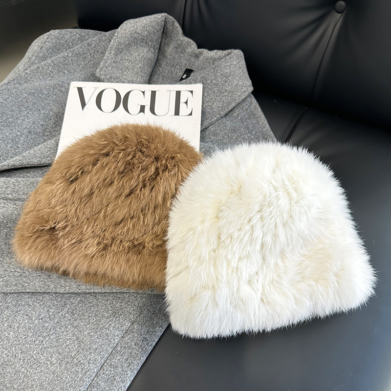 Rabbit Fur Hat, Thickened Fur Hat, Cold-Proof and Warm, Makes the Face Look Smaller, Ear-Protecting Hat, Plush Knitted Hat, Head-Covering Hat for Women