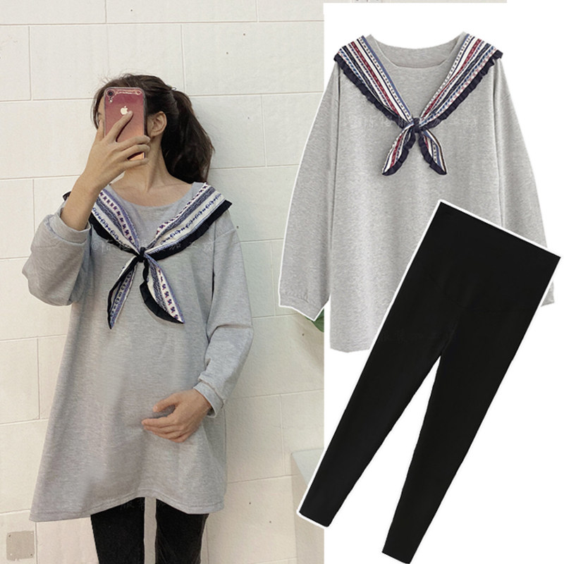 Net red pregnant mother early autumn suit top suit small fragrance silk scarf streamer pregnancy go out autumn clothes 200 catties can be worn