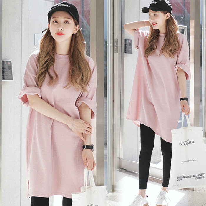 Maternity wear women's dress spring and summer new Korean version solid color loose large size medium and long version short-sleeved T-shirt skirt promotion