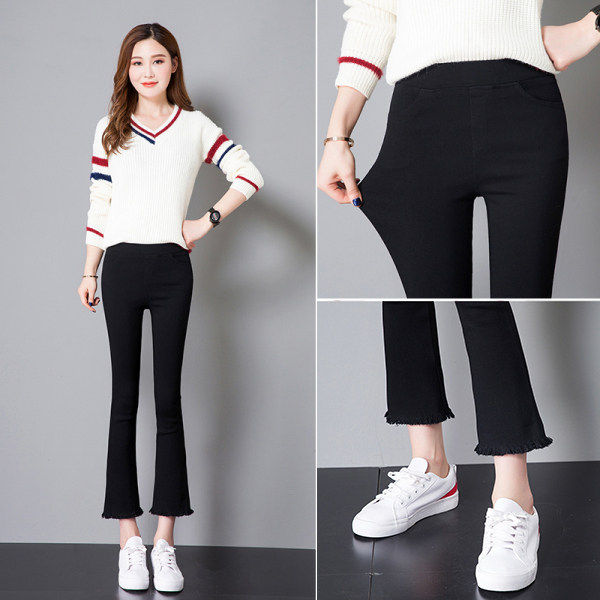 Black large size inner pants, women's outer wear, slim fit, summer and autumn fat mm, micro-horn, small feet, elastic eight-ninth pants