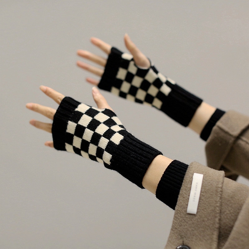 Fingerless Knitted Checkerboard Gloves, Half-Finger, Fashionable for Students, Autumn and Winter, Women's Typing Gloves, Half-Cut, Korean Style, Warm, Men's