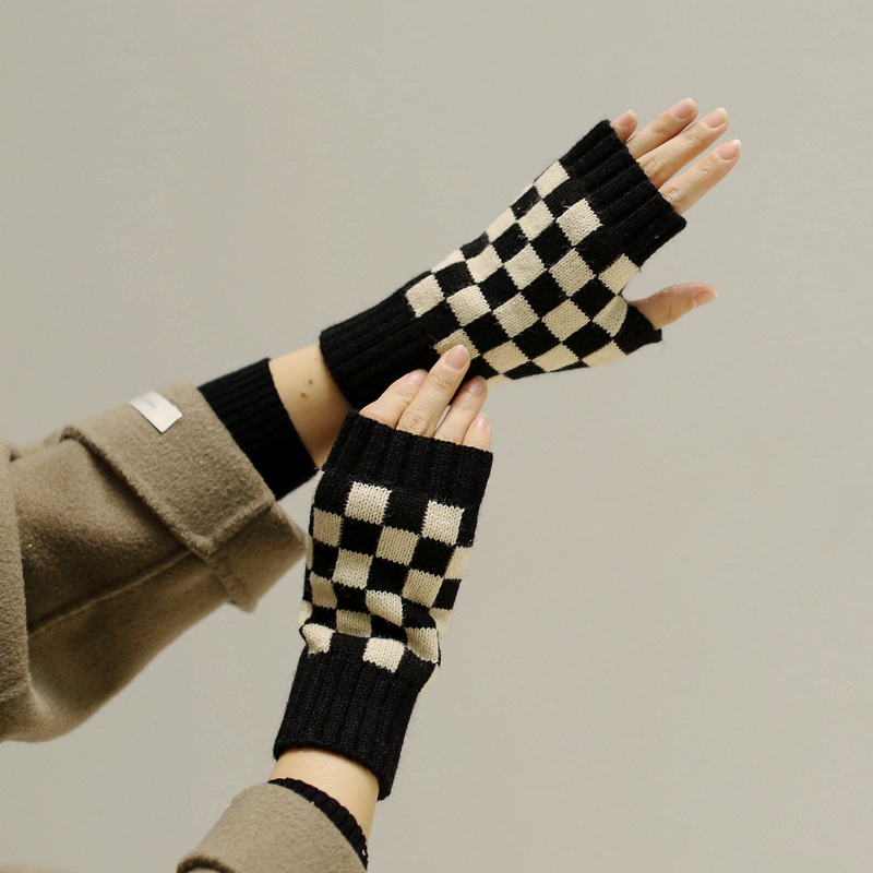 ins Korean Style Fashionable Autumn and Winter Fingerless Knitted Checkerboard Gloves for Students, Trendy Half-Finger Gloves for Girls