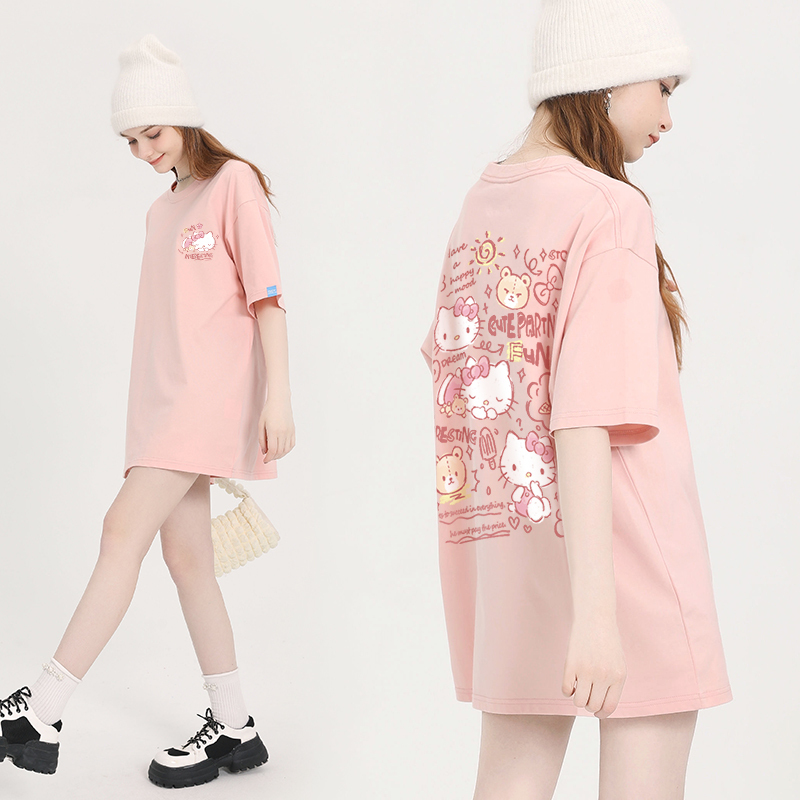 Pink Short-Sleeved T-Shirt for Women 2026 New Popular Summer Loose-Fitting Kt Cat Half-Sleeve Pure Cotton T-Shirt Trendy Top