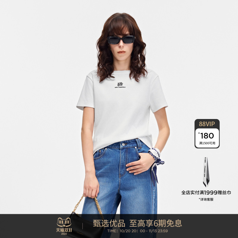 Karl Lagerfeld Women's Lafayette Round Neck Color-Blocked Casual Short-Sleeve T-Shirt Karl Lagerfeld Women's Lafayette Round Neck Color-Blocked Casual Short-Sleeve T-Shirt