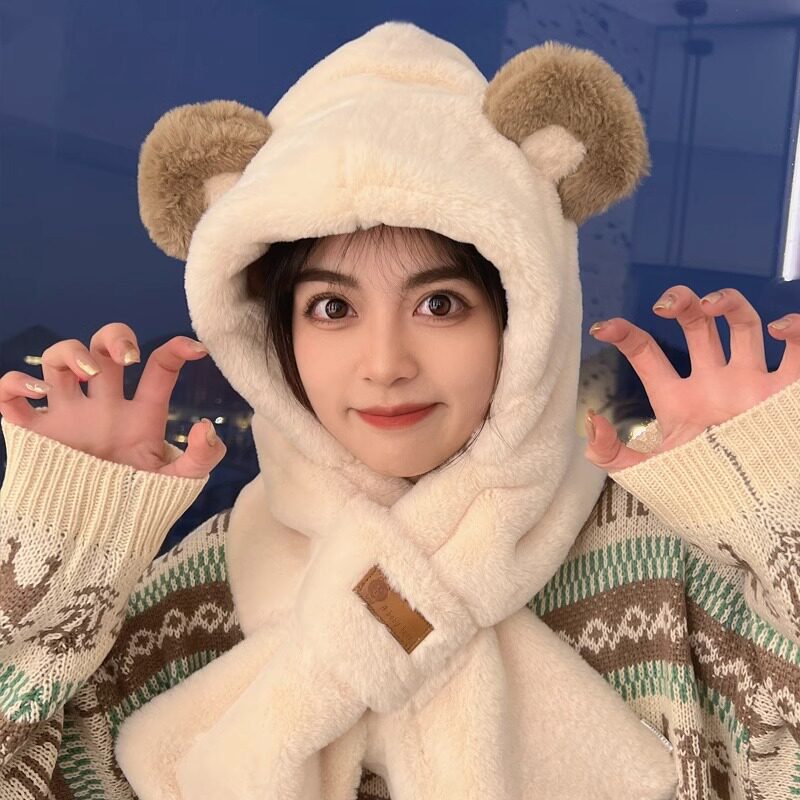 2023 new plush hat scarf-integrated female winter-style girly with small bear autumn winter ladies bicycling warm and protective ear-Taobao