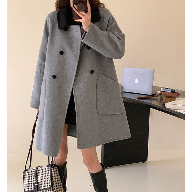 Small fragrance style double-sided cashmere coat women's mid-length retro contrast color double-breasted Hepburn style cloak A version wool