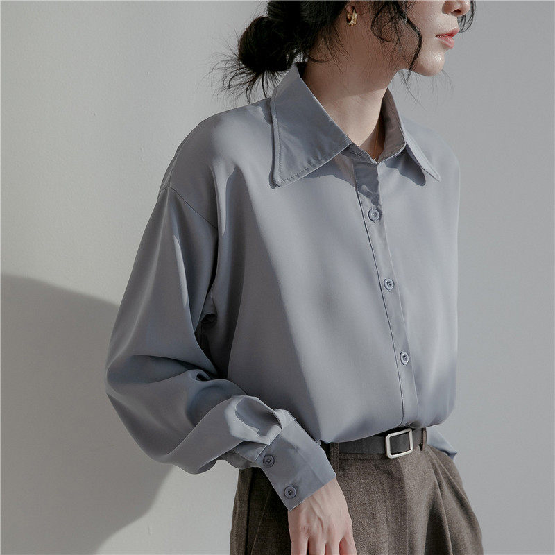 Dituton salt blue chiffon long-sleeved shirt women's spring and autumn retro Hong Kong flavor loose all-match design niche shirt