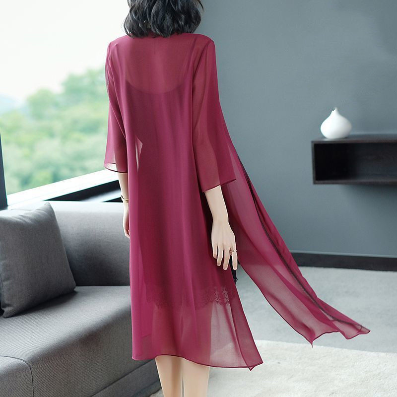 Dituton chiffon cardigan shawl women's 2021 new style with skirt mid-length thin summer sunscreen coat