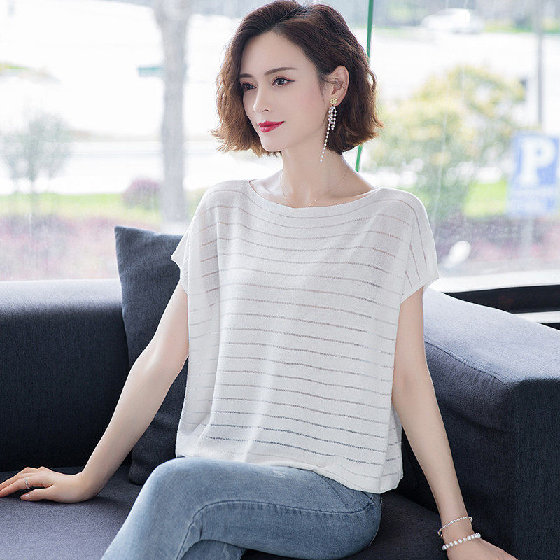 Dittudun Ice Silk Knit Short Sleeve T-Shirt Woman Dress Summer Dress 2021 New Loose Foreign Pie Mother Cover Tummy Carditis