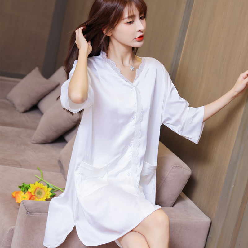White Ice Silk Sleeping Dress Woman Summer 2021 New Short Sleeve Loose Home Suit Medium Long Version Sexy Genuine Silk Pyjamas