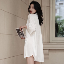 White Shirt Ice Silk Sleepwear Woman Spring Autumn 2022 New Long Sleeves Loose Snow-Spun Shirt Sleeping Skirt Woman Summer