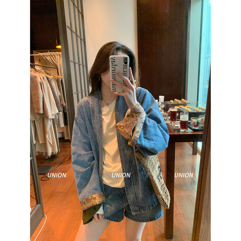 Union Officially Authorized into the East 26 Early Autumn Paisley Trim Denim Cardigan Jacket Union Officially Authorized into the East 26 Early Autumn Paisley Trim Denim Cardigan Jacket