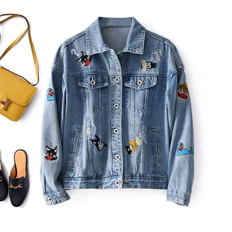 Outside Lush Factory Goods Cute Cartoon Embroidered Pure Color Trendy 100 Hitch Easy To Turn Over White Denim Jacket