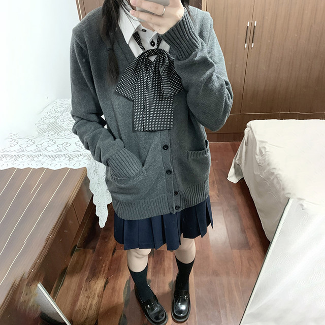 JK sweater cardigan jacket female autumn Japanese college wind uniform school supply feeling dark gray long-sleeved knitted top