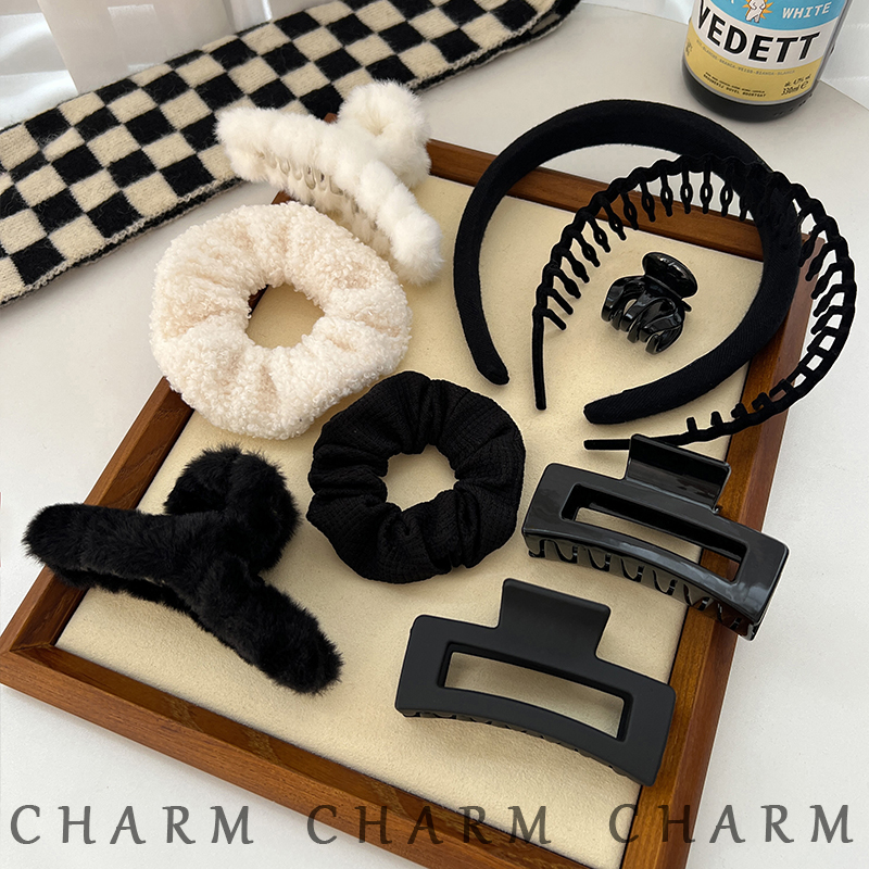 9-piece set ~ black plush hair ring hair band hoop set female winter simple headdress 2023 new net red fragrance hair accessories