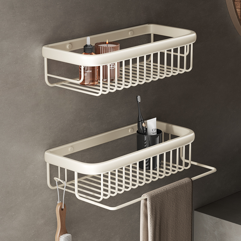 All-Copper Cream-Colored No-Drill Bathroom Shelf, Bathroom Storage Rack, Towel Bar with Hooks in Front of the Mirror