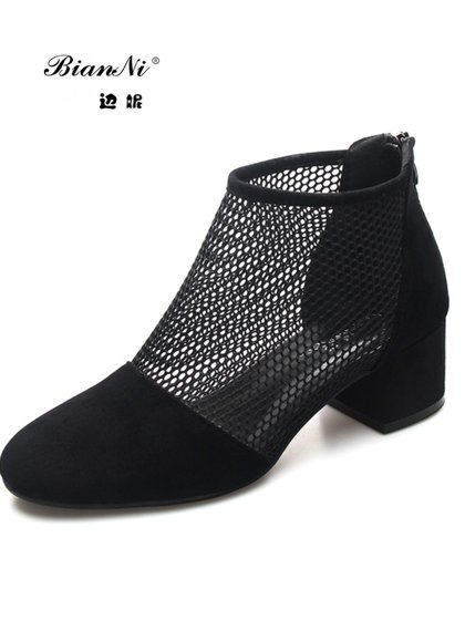 2025年新款夏季真皮网靴凉鞋镂空短靴春款女鞋网纱凉靴子女马丁靴