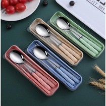 Wheat straw three-piece thick stainless steel adult spoon Fork chopsticks student travel convenient tableware