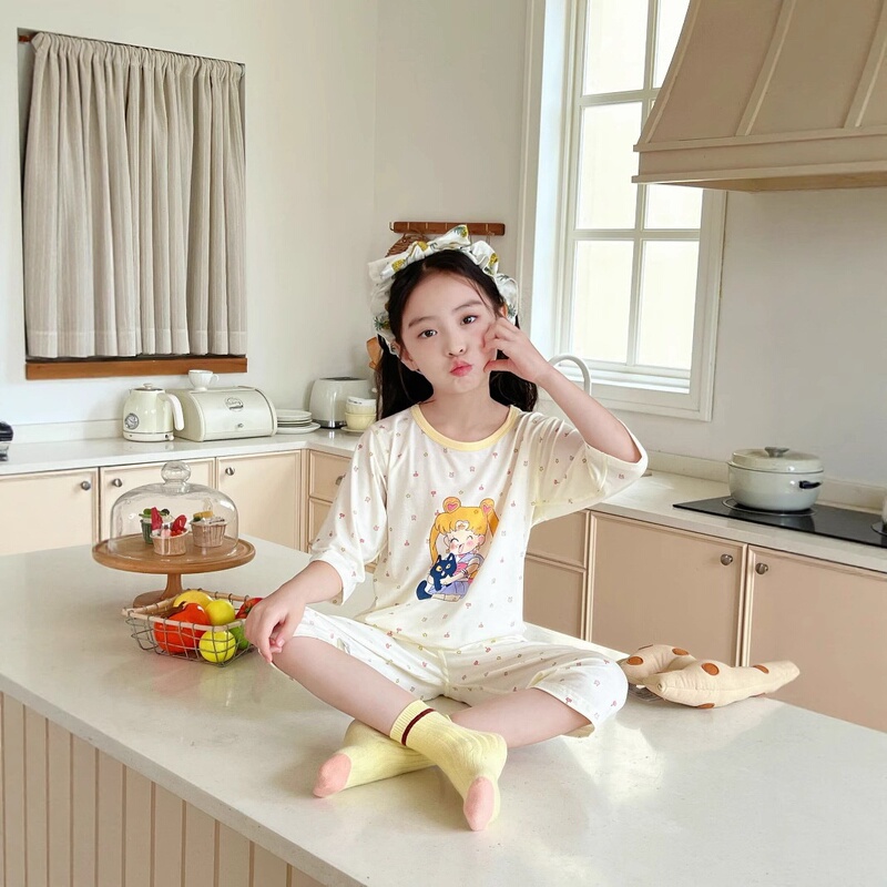 Children's Summer Thin Pajamas Yasel Baby Air-Conditioning Clothing Girls' Three-Quarter Sleeve Lace Girls' Home Wear Set