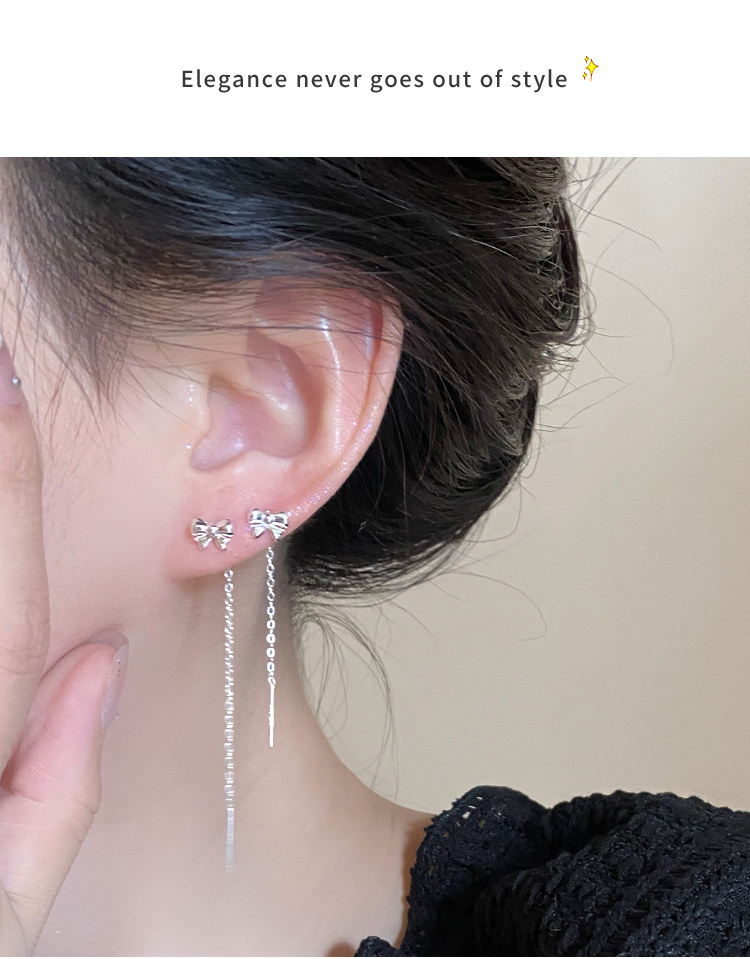 Свисающие серьги s925纯银耳针养耳洞耳饰女蝴蝶结流苏耳环轻奢高级感耳炼耳坠饰品