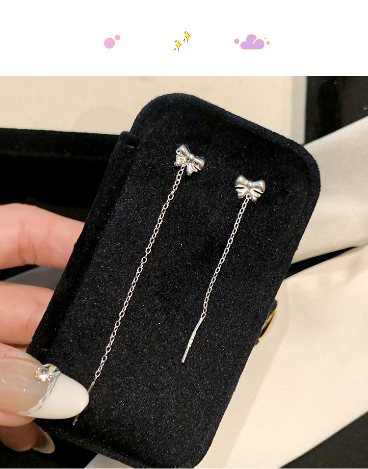 Свисающие серьги s925纯银耳针养耳洞耳饰女蝴蝶结流苏耳环轻奢高级感耳炼耳坠饰品