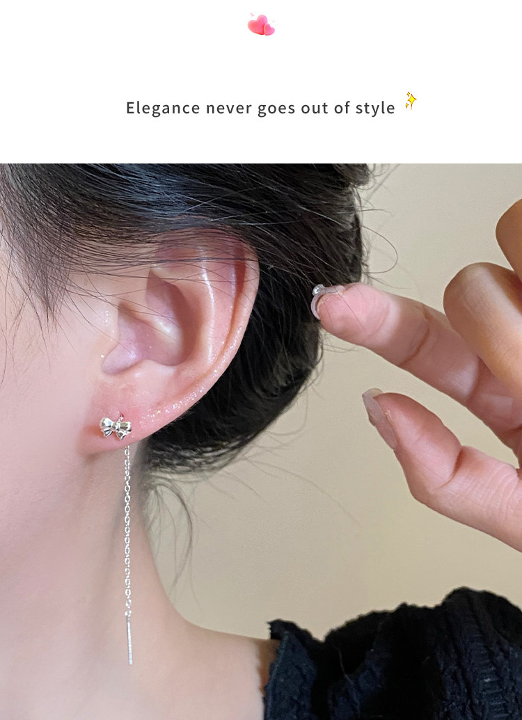 Свисающие серьги s925纯银耳针养耳洞耳饰女蝴蝶结流苏耳环轻奢高级感耳炼耳坠饰品