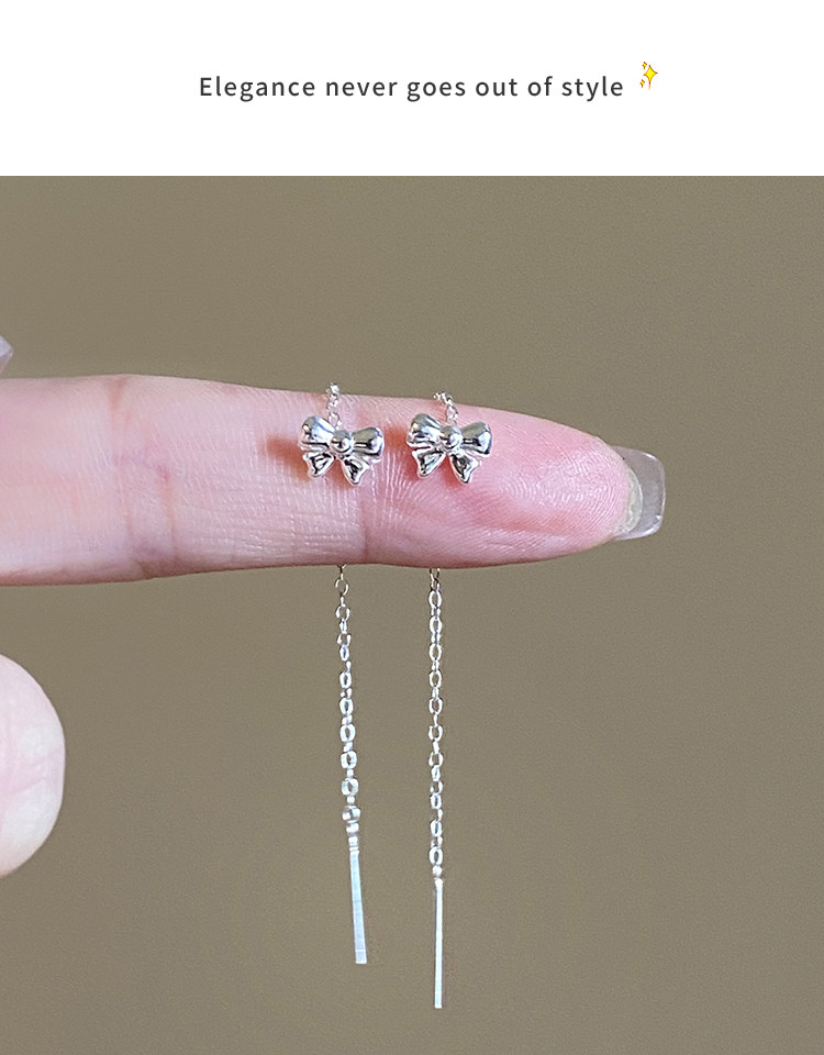 Свисающие серьги s925纯银耳针养耳洞耳饰女蝴蝶结流苏耳环轻奢高级感耳炼耳坠饰品