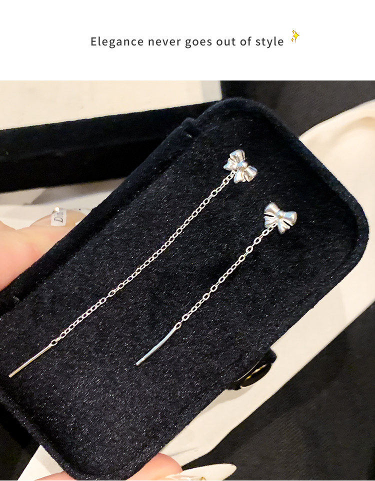 Свисающие серьги s925纯银耳针养耳洞耳饰女蝴蝶结流苏耳环轻奢高级感耳炼耳坠饰品