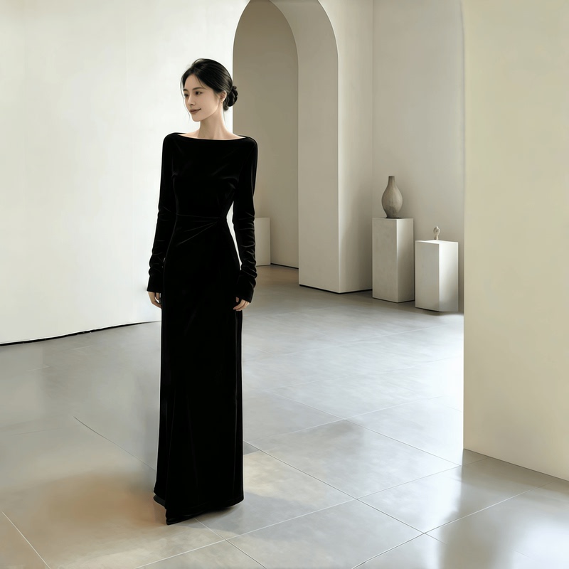One-Shoulder Velvet Dress with Long Sleeves, Choir Stage Performance, Waist-Cinching, Slim Fit, Elegant, Extra-Long Ankle-Length Gown One-Shoulder Velvet Dress with Long Sleeves, Choir Stage Performance, Waist-Cinching, Slim Fit, Elegant, Extra-Long Ankle-Length Gown