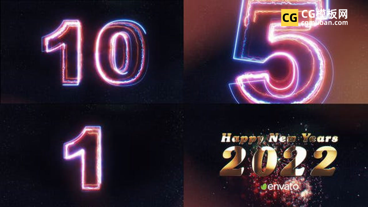AE模板：8bit数字化镭射描边节日圣诞视频烟花倒计时片头AE模板 New Year Countdown插图
