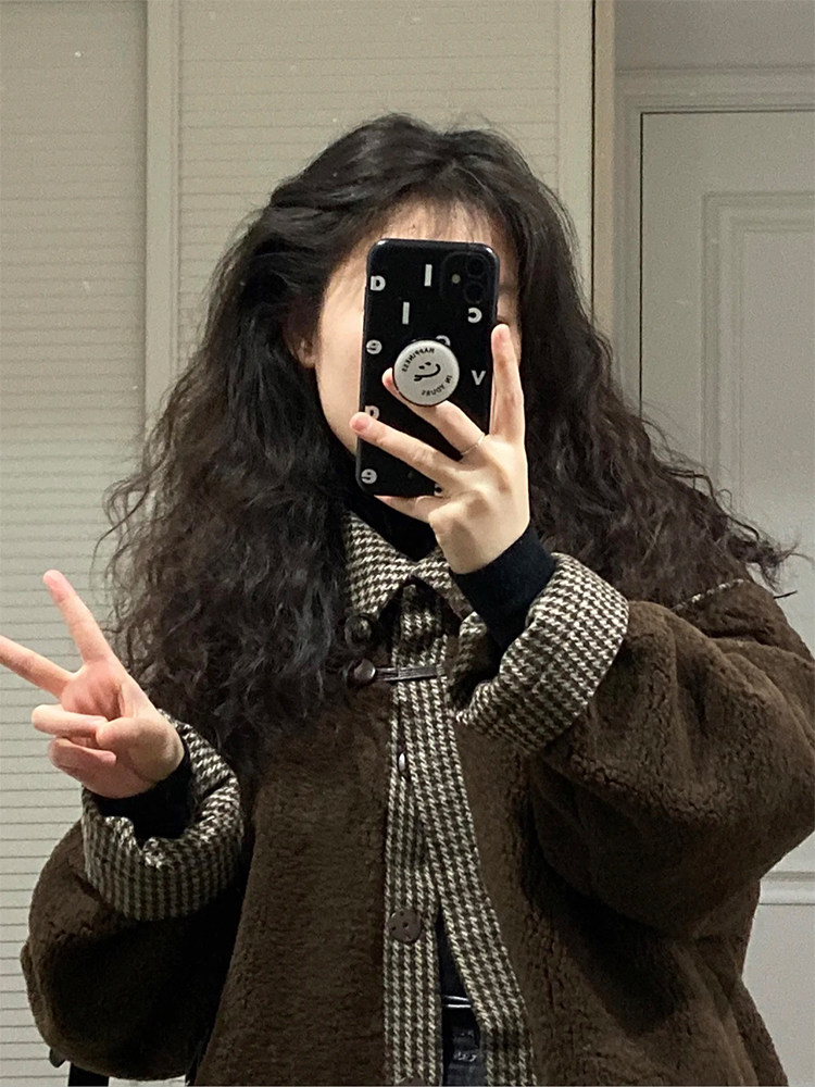 Anti-season brown lamb wool jacket woman 2023 autumn winter new clip cotton thickened rocking grain suede small cotton clothes cotton clothes-Taobao