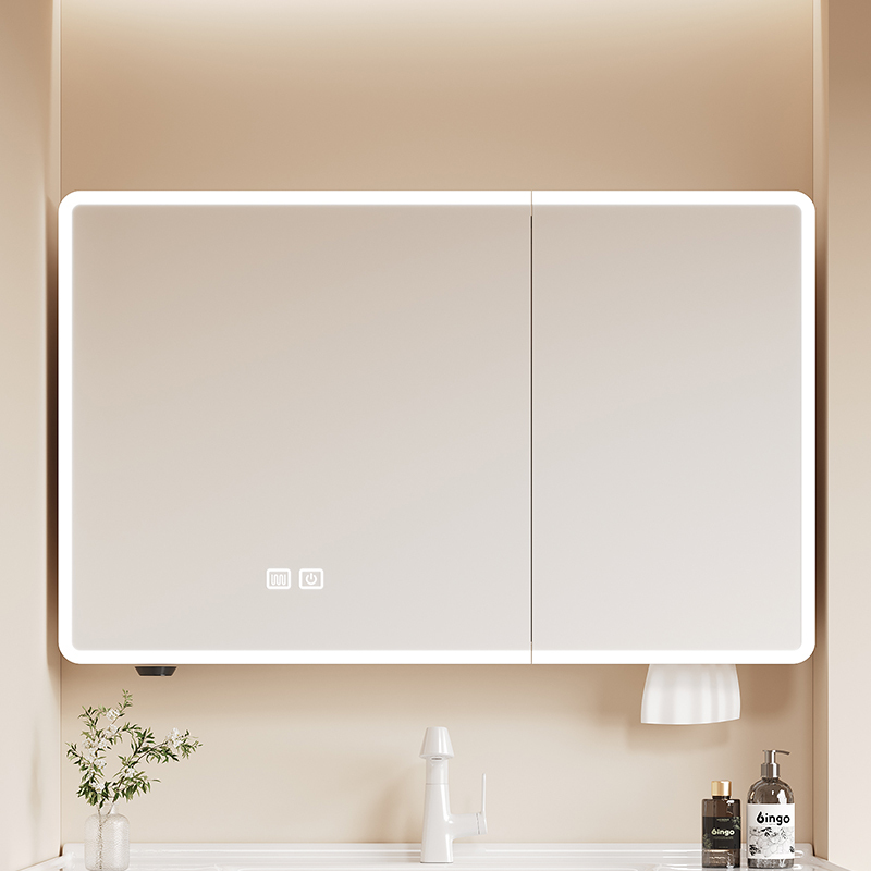 White Smart Bathroom Mirror Cabinet, Wall-Mounted, with Lights, Anti-Fog, Bathroom Vanity Mirror with Makeup Storage Rack