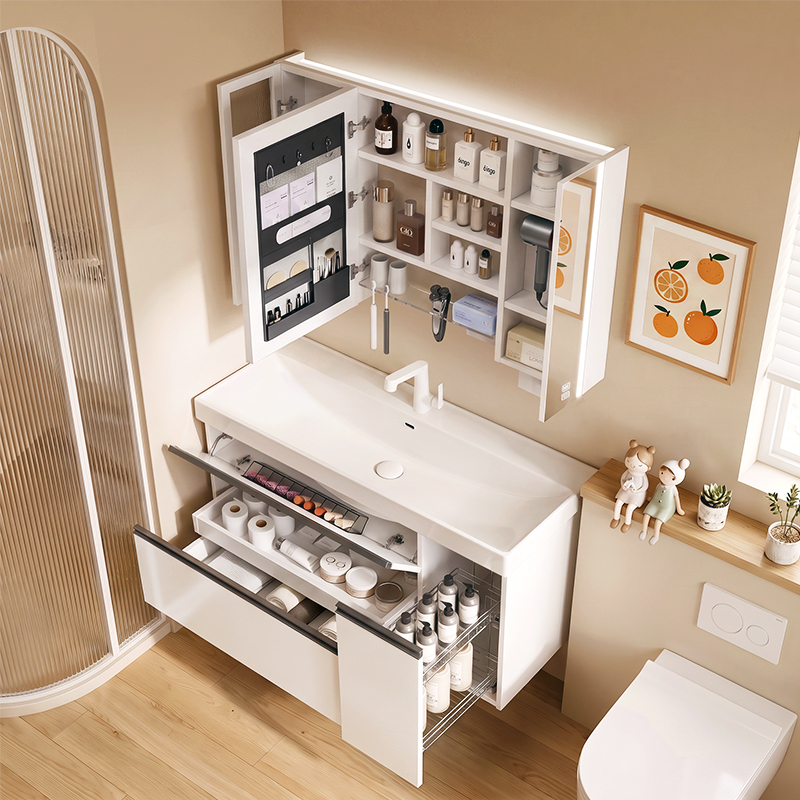 Gold-Plated Stone Integrated Basin Bathroom Cabinet Japanese-Style Pull-Out Basket Bathroom Washbasin Cabinet Combination Washstand Sink