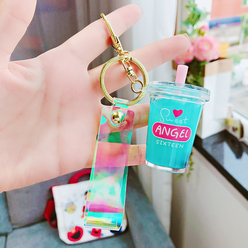 Lake Blue & Imitation Milk Tea Bluea bag unicorn Milk tea cup Pendant Key buckle female delicate ins lovely Internet celebrity originality girl Bag Hanging decoration