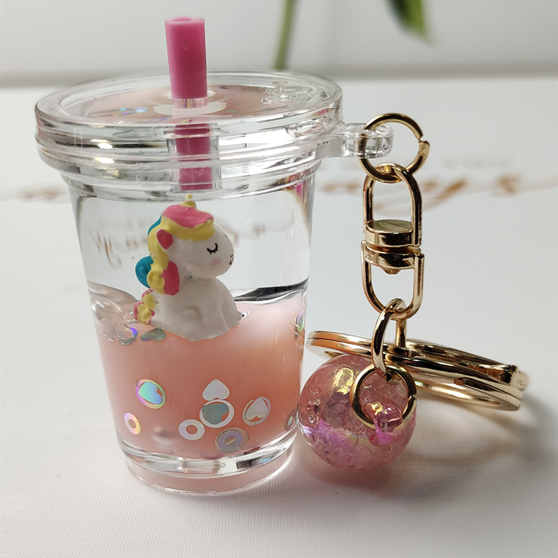Pink Unicorn Milk Tea Cup + Crystal Balla bag unicorn Milk tea cup Pendant Key buckle female delicate ins lovely Internet celebrity originality girl Bag Hanging decoration