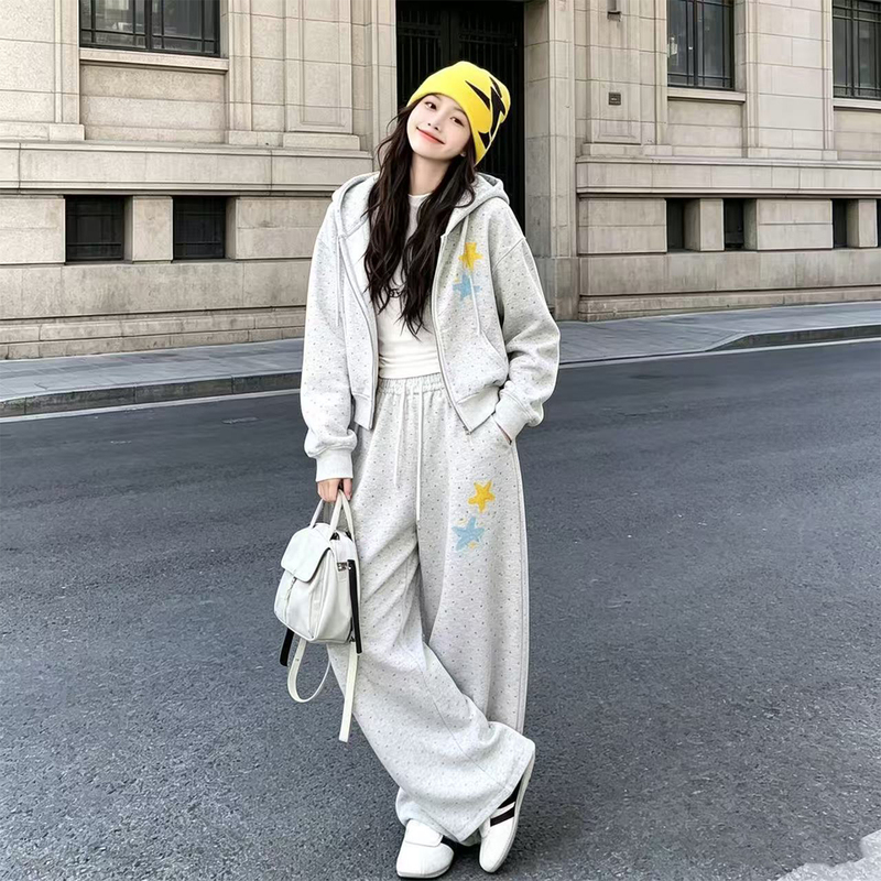 Girls' Casual Sports Suit Autumn Hooded Sweatshirt Zip-Up Top Wide-Leg Pants Two-Piece Set Lazy Style for Older Children Girls' Casual Sports Suit Autumn Hooded Sweatshirt Zip-Up Top Wide-Leg Pants Two-Piece Set Lazy Style for Older Children
