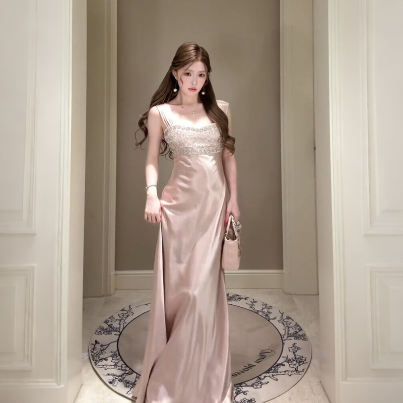 Elegant and Luxurious Beaded Satin Spaghetti Strap Dress for Women, Pink Waist-Cinching Mermaid Dress, Birthday Party Dress
