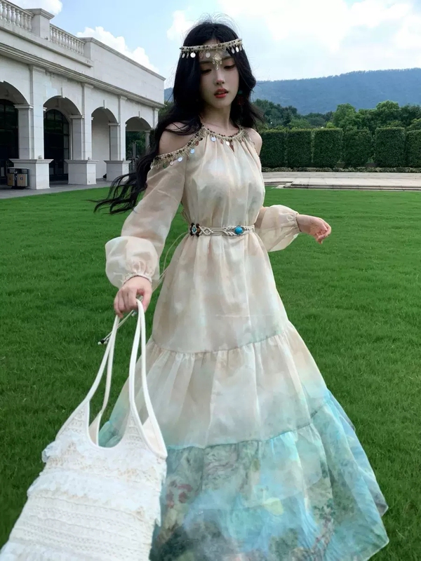 Vacation-Style Altay Retro Exotic Off-The-Shoulder Gradient Smudged Shell Sequin Dress Super Fairy-Like Long Dress Vacation-Style Altay Retro Exotic Off-The-Shoulder Gradient Smudged Shell Sequin Dress Super Fairy-Like Long Dress