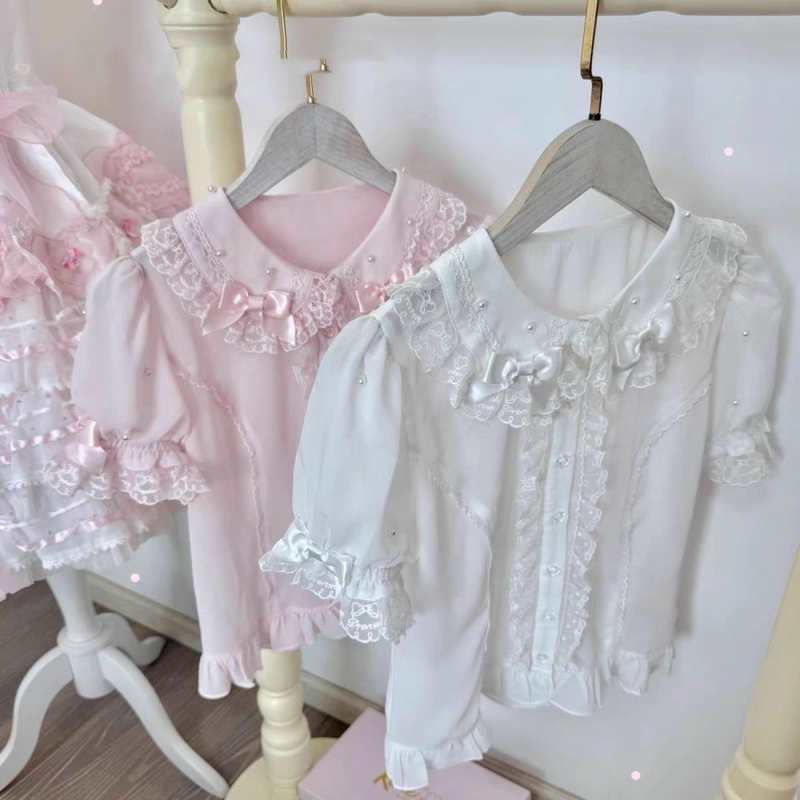 Lolita Versatile Shirt Long-Sleeved Short-Sleeved Cute Inner Wear Lolita Ice-Transparent Pearl Doll Collar Top Base Shirt