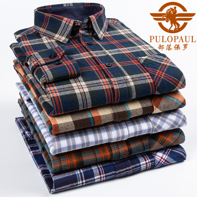 Paul's Autumn Pure Cotton Brushed Plaid Shirt for Men, Long-Sleeved, Plus Size, Middle-Aged and Elderly Dad's Wear, All-Cotton Fleece-Lined Shirt